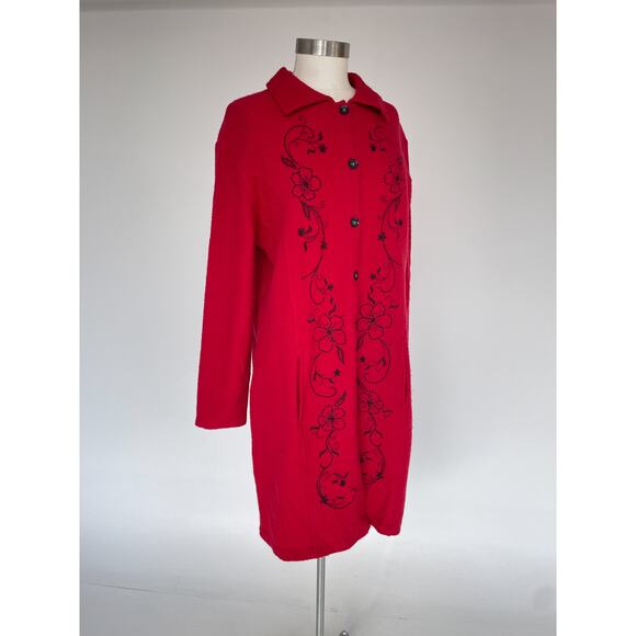 Y2K Red Wool Embroidered Knit Trench Coat  / Sz XL / Boho Long Sweater Felted - Picture 1 of 9